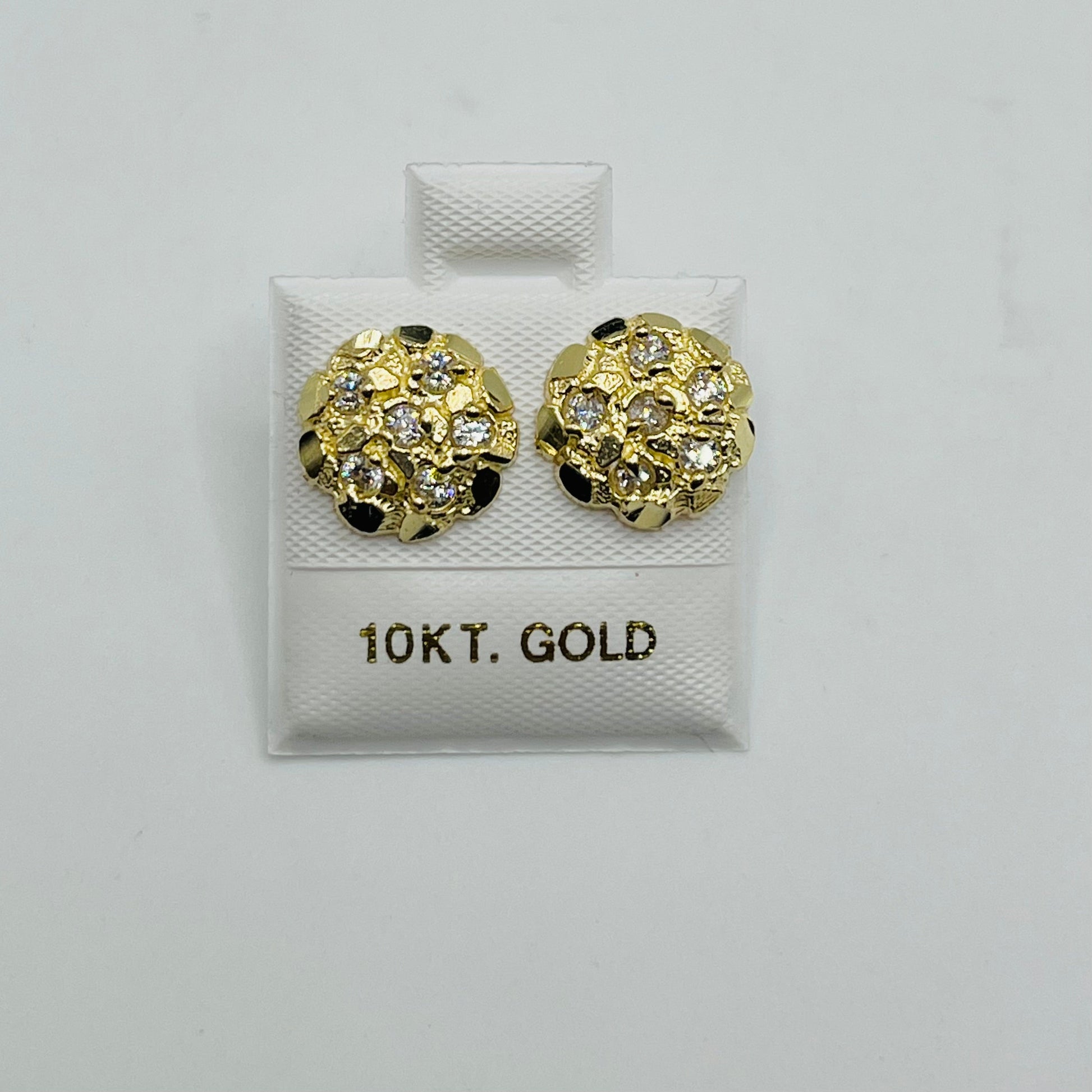 10K Gold Round Nugget Earrings with CZ | Face Size: 10mm