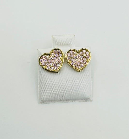 10K Gold Pink CZ Flat Heart Earrings (12mm) Screwback