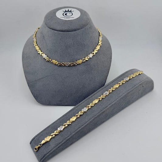 10k Gold Two-Tone XO Chain + Bracelet Set