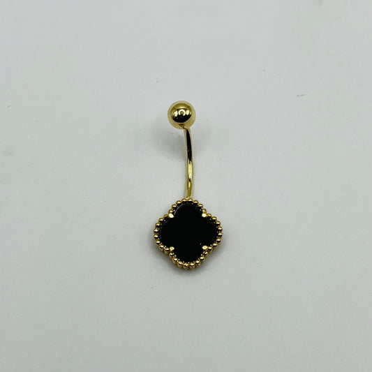 14k Gold Black Clover Belly Ring