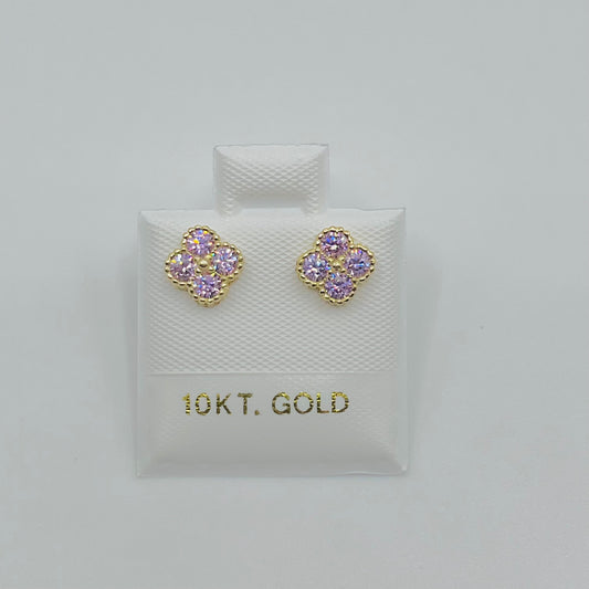 10K Gold Pink Clover CZ Earrings (6mm)