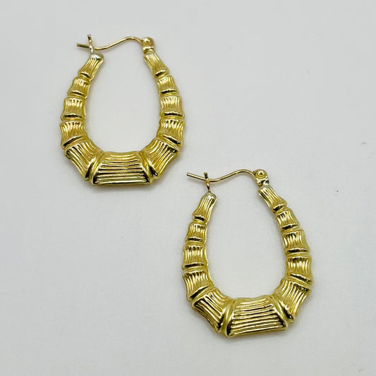 10K Gold Oval Shape Bamboo Hoops (1.1")