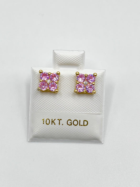 10K Gold Pink Square Flower Earrings (7mm)