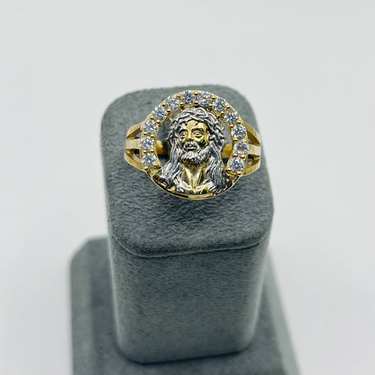 10k Gold Round Cz Jesus Face Ring