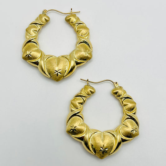 10K Gold Fancy Heart Hoop Earrings (40mm)