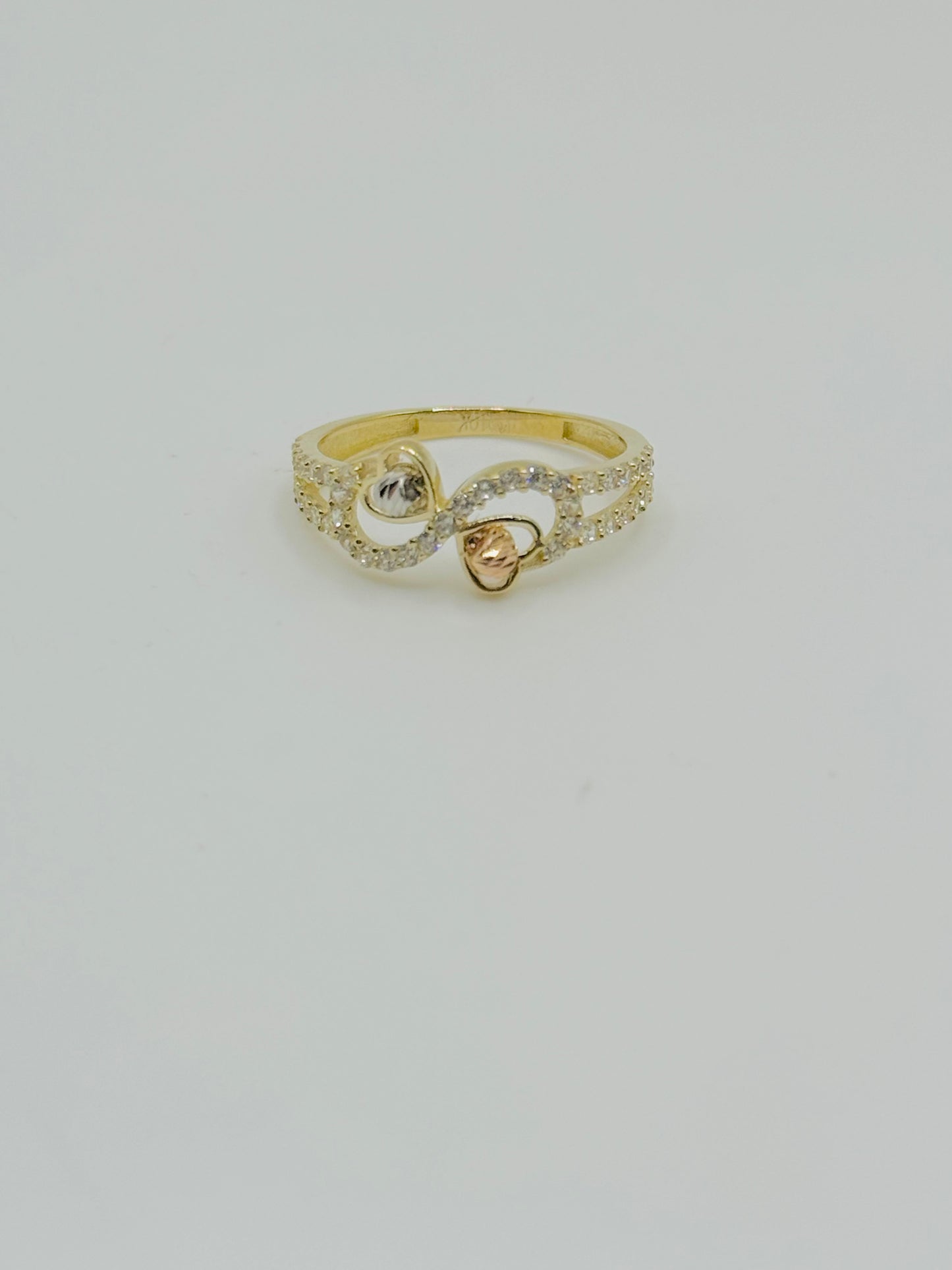 10K Gold Infinity Sign Ring with Hearts and Mirror Balls