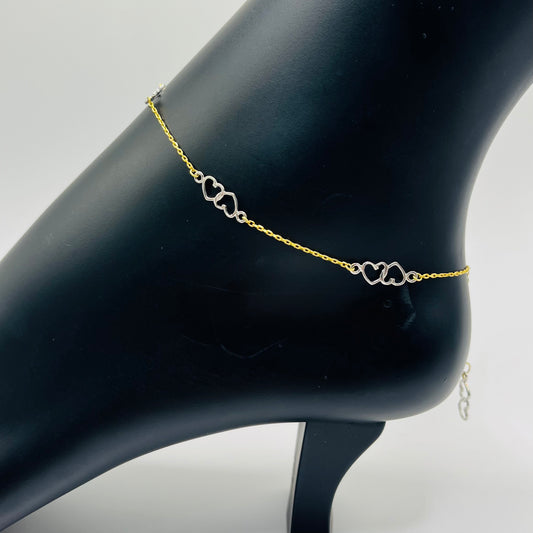 10k Gold Two Tone Double Heart Anklet