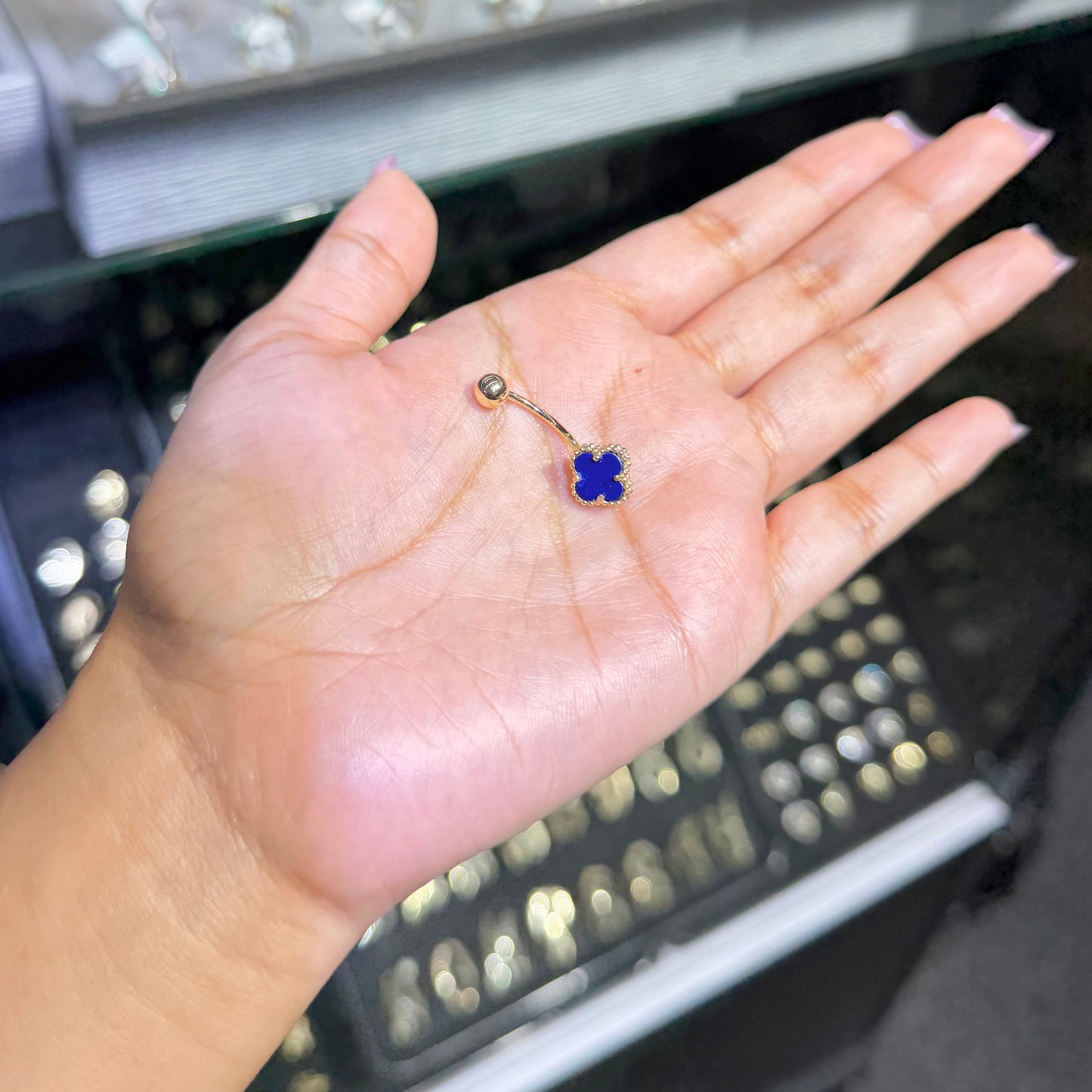 14k Gold Blue Clover Belly Ring (S)