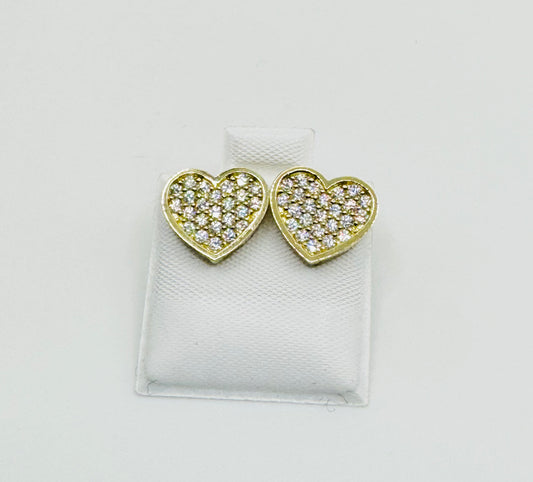 10K Gold CZ Flat Heart Earrings (12mm) Screwback