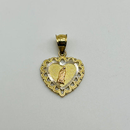 14K Gold Tricolor Virgin Mary Heart Charm