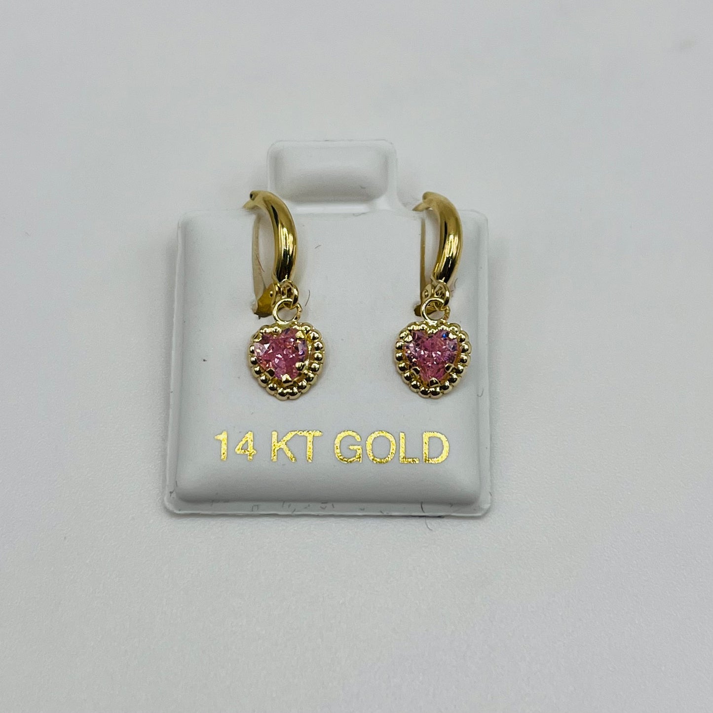 14k Gold Hoop with Dangling Pink Hearts Baby Earrings