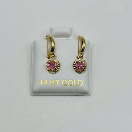 14k Gold Hoop with Dangling Pink Hearts Baby Earrings