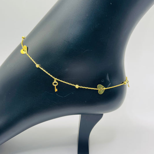 10k Gold Heart Lock and Key Anklet