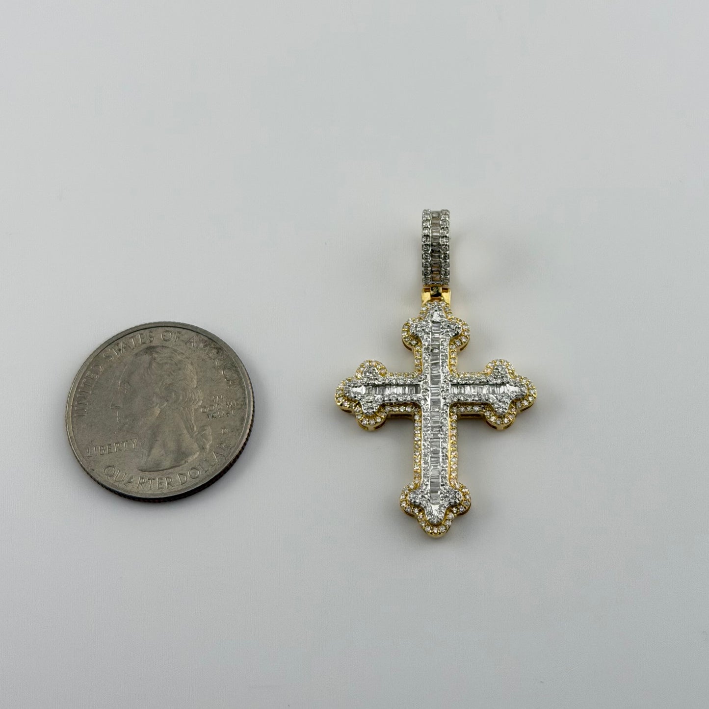 14k Gold Natural Diamond Baguette Roman Cross Pendant