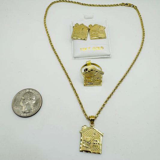 10K Gold Trap House Set (chain, charm, ring, earrings)