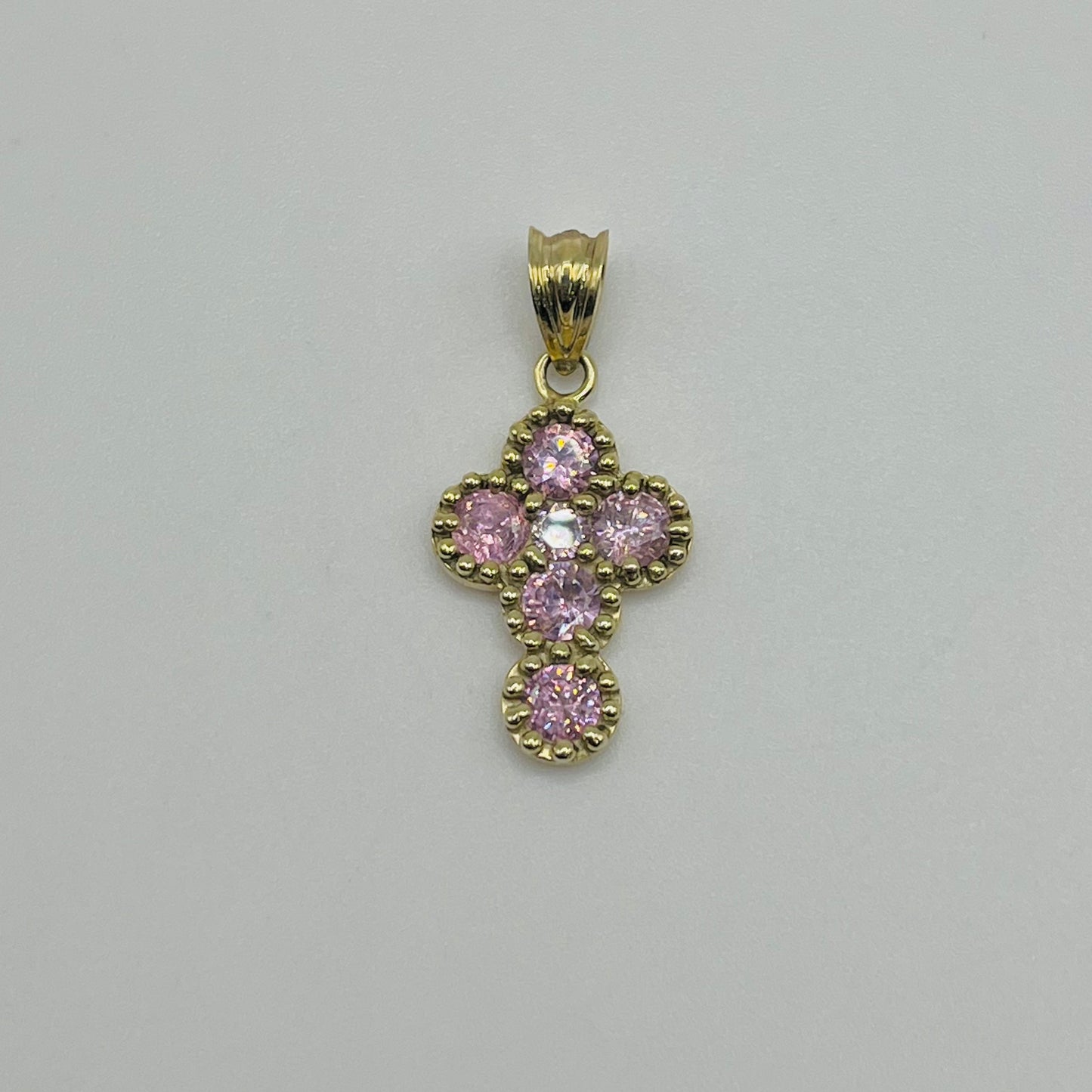 10k Gold Beaded Cz Pink Cross Charm (M)