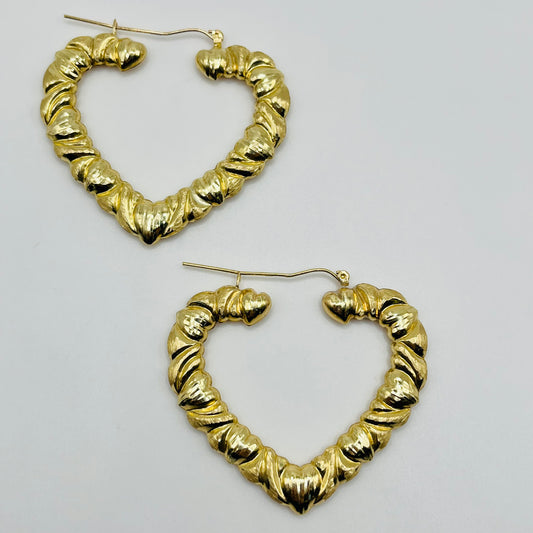 10k Gold Heart Pattern Heart Hoop (2")