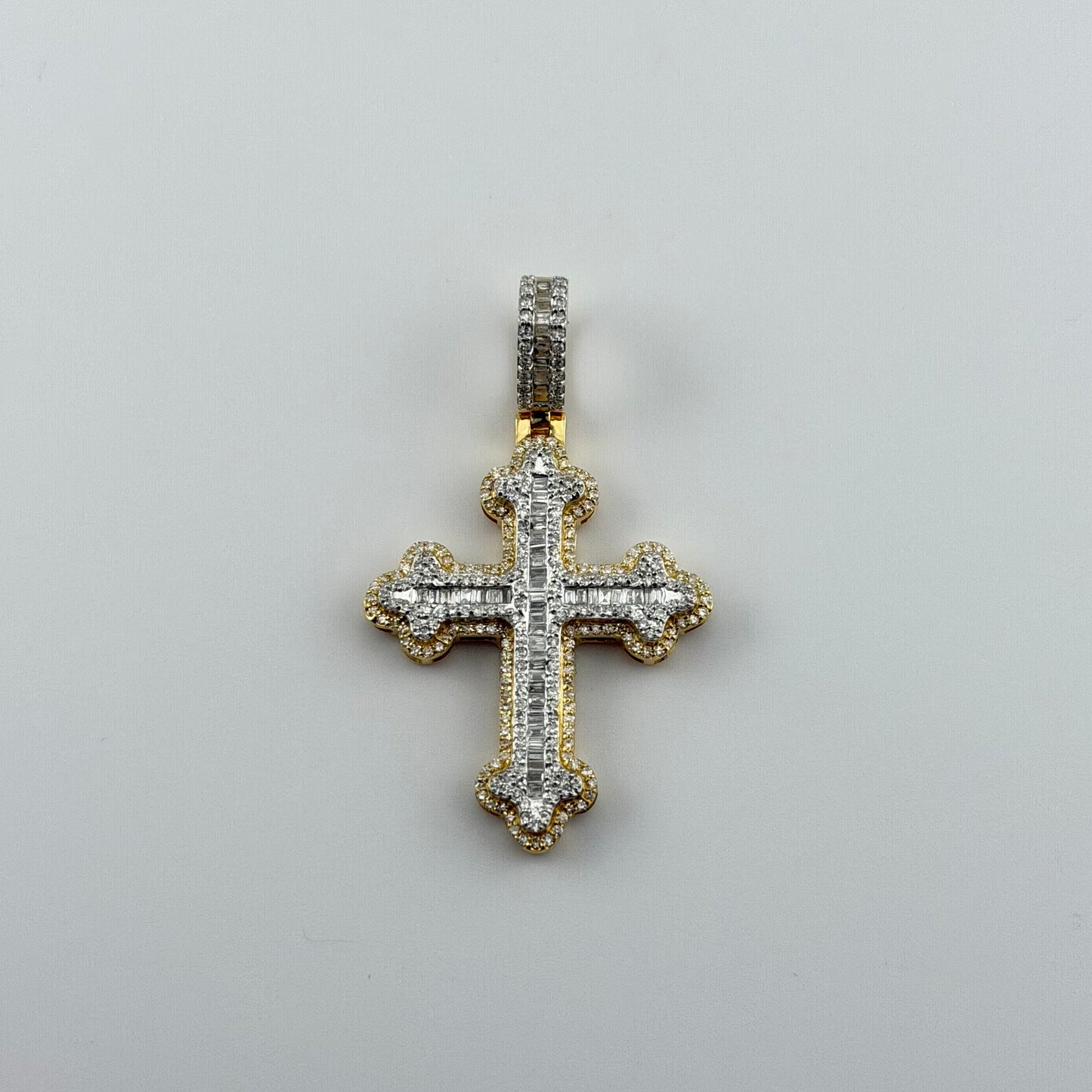 14k Gold Natural Diamond Baguette Roman Cross Pendant