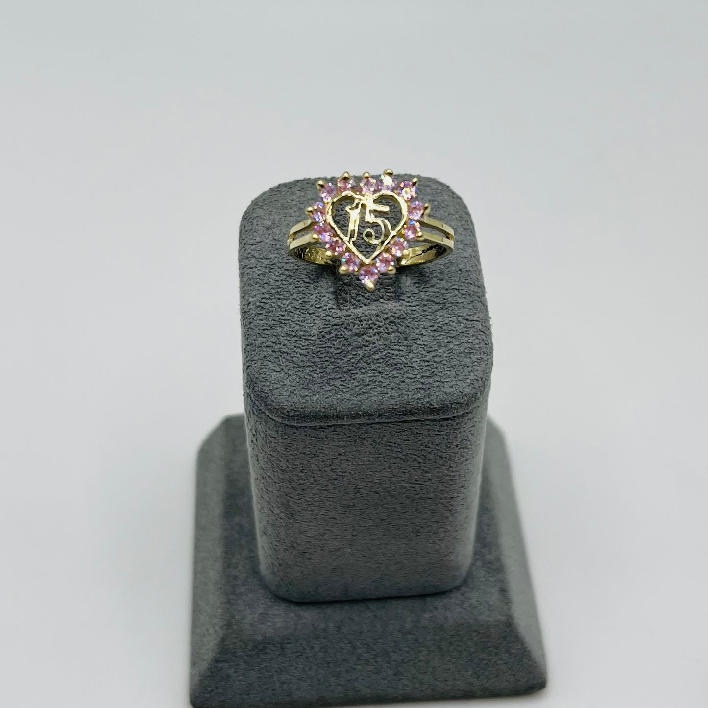 10K Gold Pink Heart CZ Quince Ring