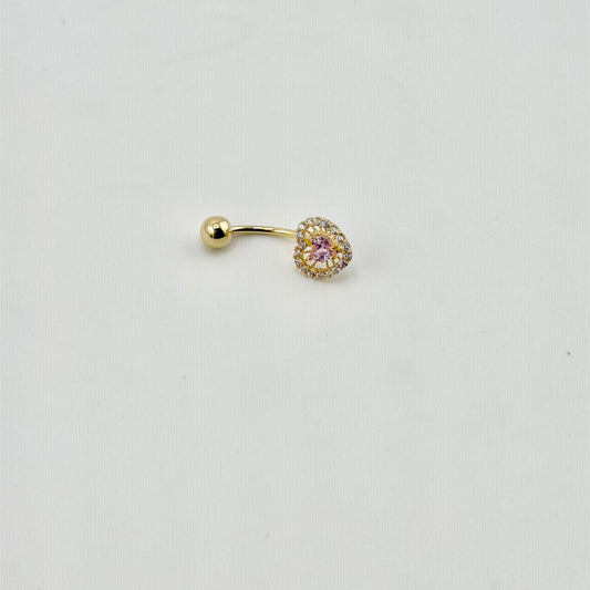 14k Gold Double Heart Cz Pink Belly Ring