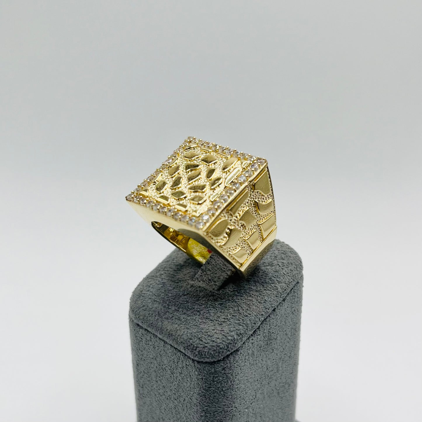 10K Gold Nugget Ring with CZ - Large Square