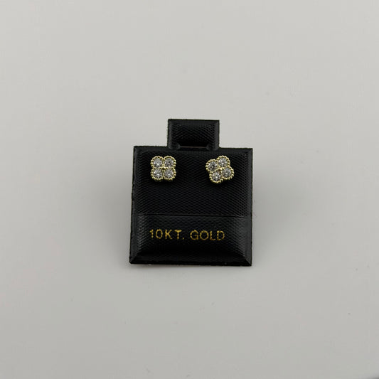 10k Gold Tiny White Cz Clover Earrings (S)