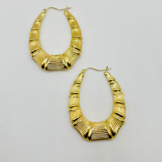 10K Gold Oval Shape Bamboo Hoops (1.6")