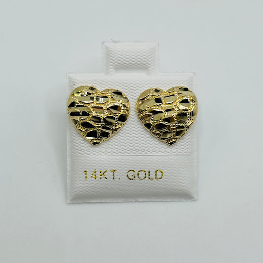 14K Gold Medium Domed Heart Nugget Earrings (12mm)