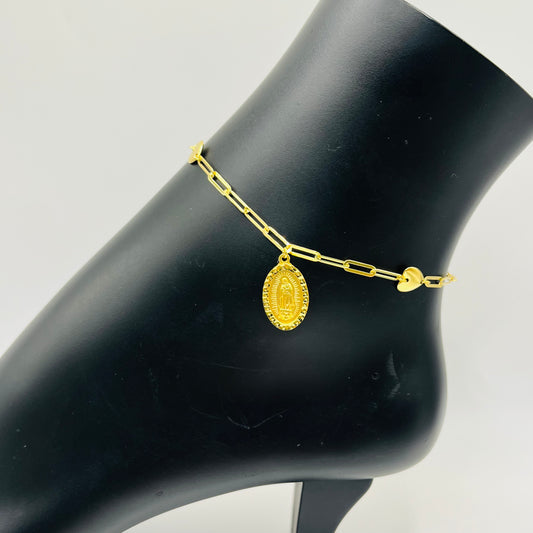 10k Gold Single Virgin Mary Paperclip Anklet