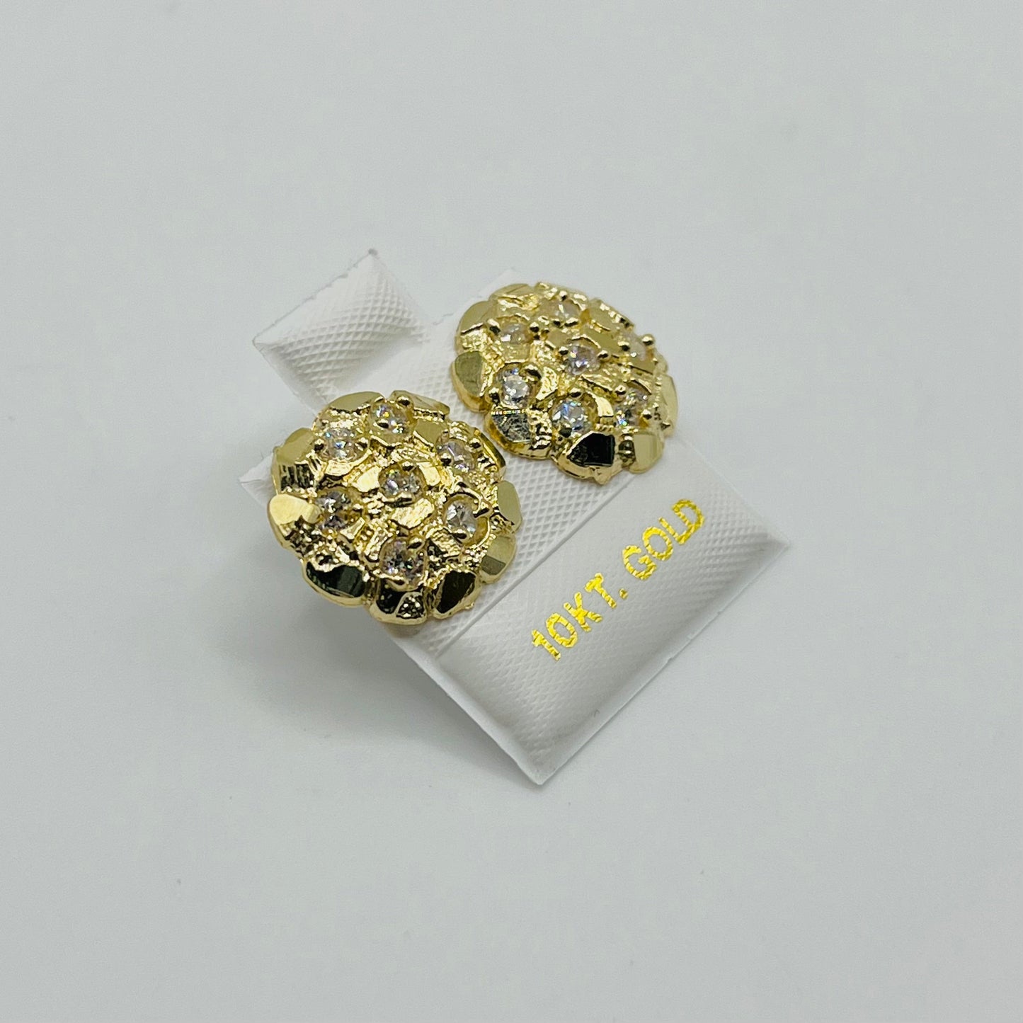 10K Gold Round Nugget Earrings with CZ | Face Size: 15mm