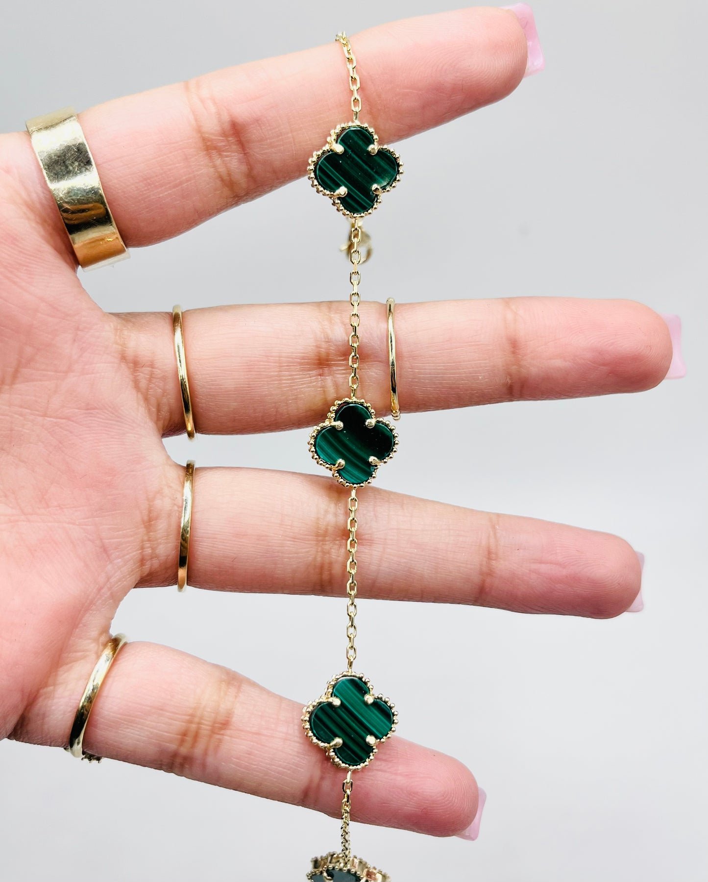 14K Gold Green Clovers Bracelet (7")