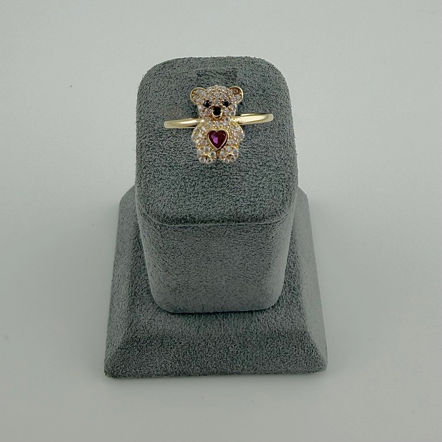 10k Gold Cz Teddy Bear Ruby Heart Ring (S)
