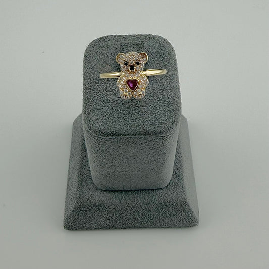 10k Gold Cz Teddy Bear Ruby Heart Ring (S)