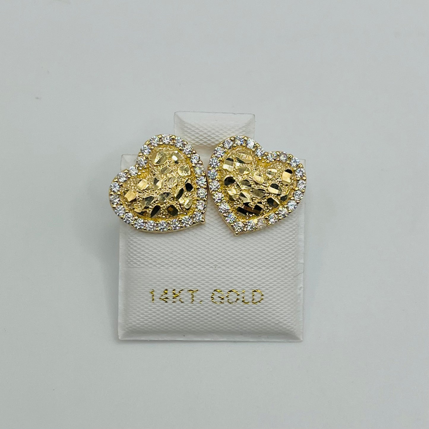 14K Gold Heart Nugget Earrings with CZ Border