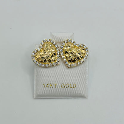 14K Gold Heart Nugget Earrings with CZ Border