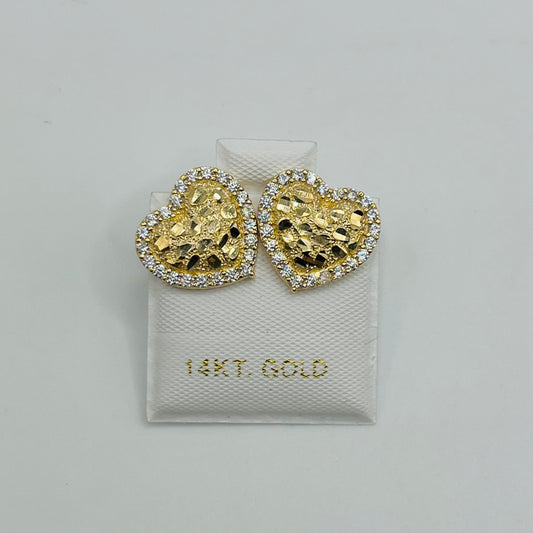 14K Gold Heart Nugget Earrings with CZ Border