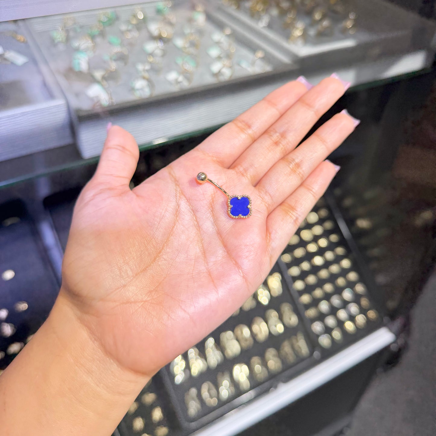 14k Gold Blue Clover Belly Ring (M)