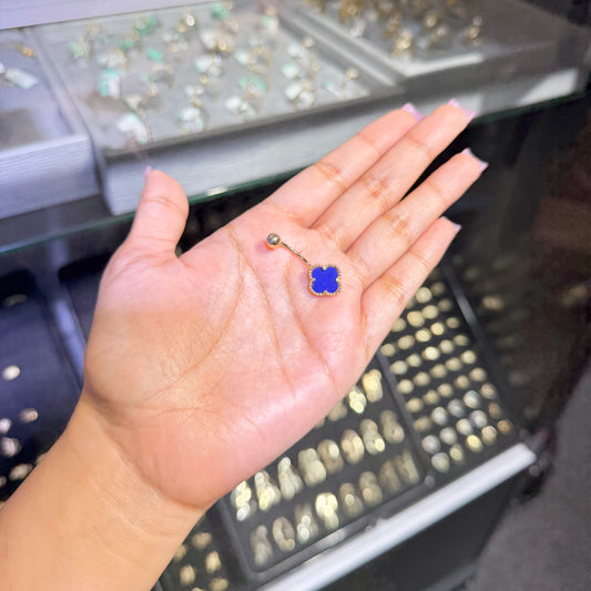 14k Gold Blue Clover Belly Ring (M)