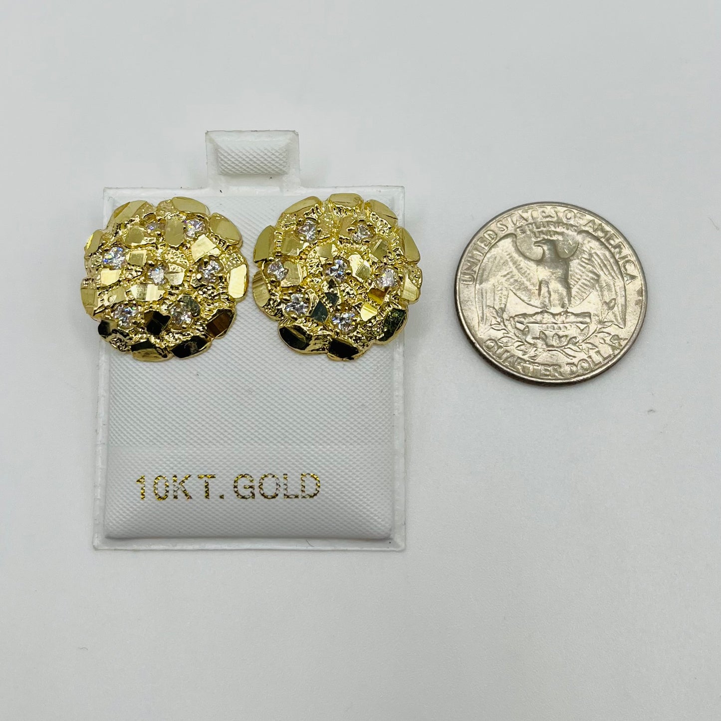 10K Gold Round Nugget Earrings with CZ ( large)