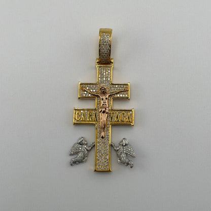 14k Gold Natural Diamond Cara Vaca Cross Pendant