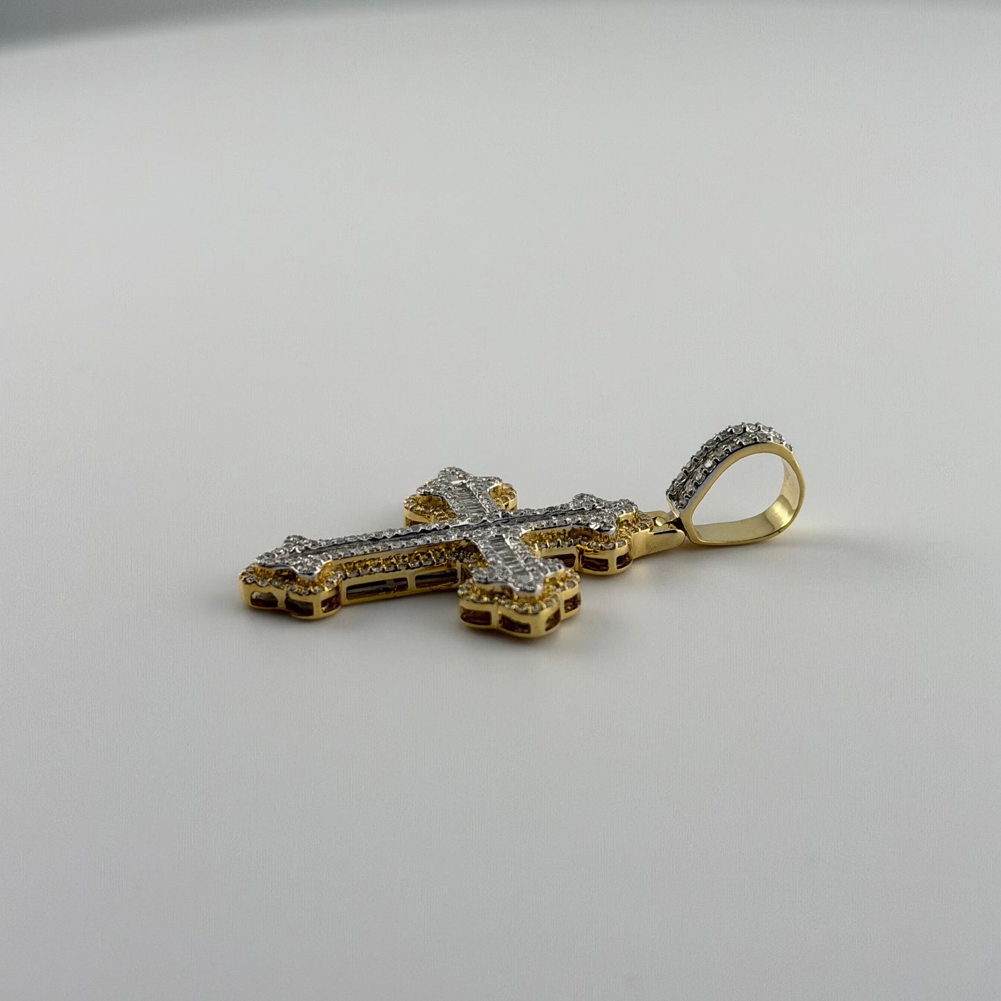 14k Gold Natural Diamond Baguette Roman Cross Pendant