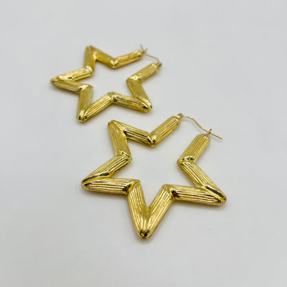 10K Gold Star Bamboo Hoop Earrings (large, 2")