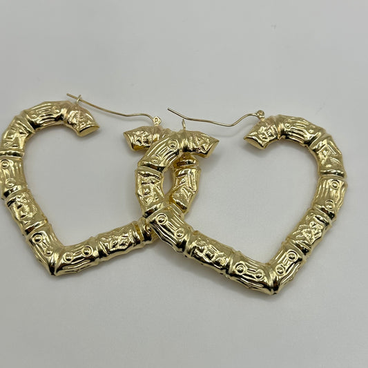 10K Gold Bamboo Heart Hoop Earrings (2.5 inch)