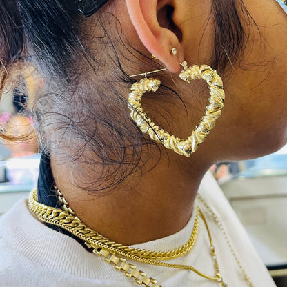 10k Gold Heart Pattern Heart Hoop (2")