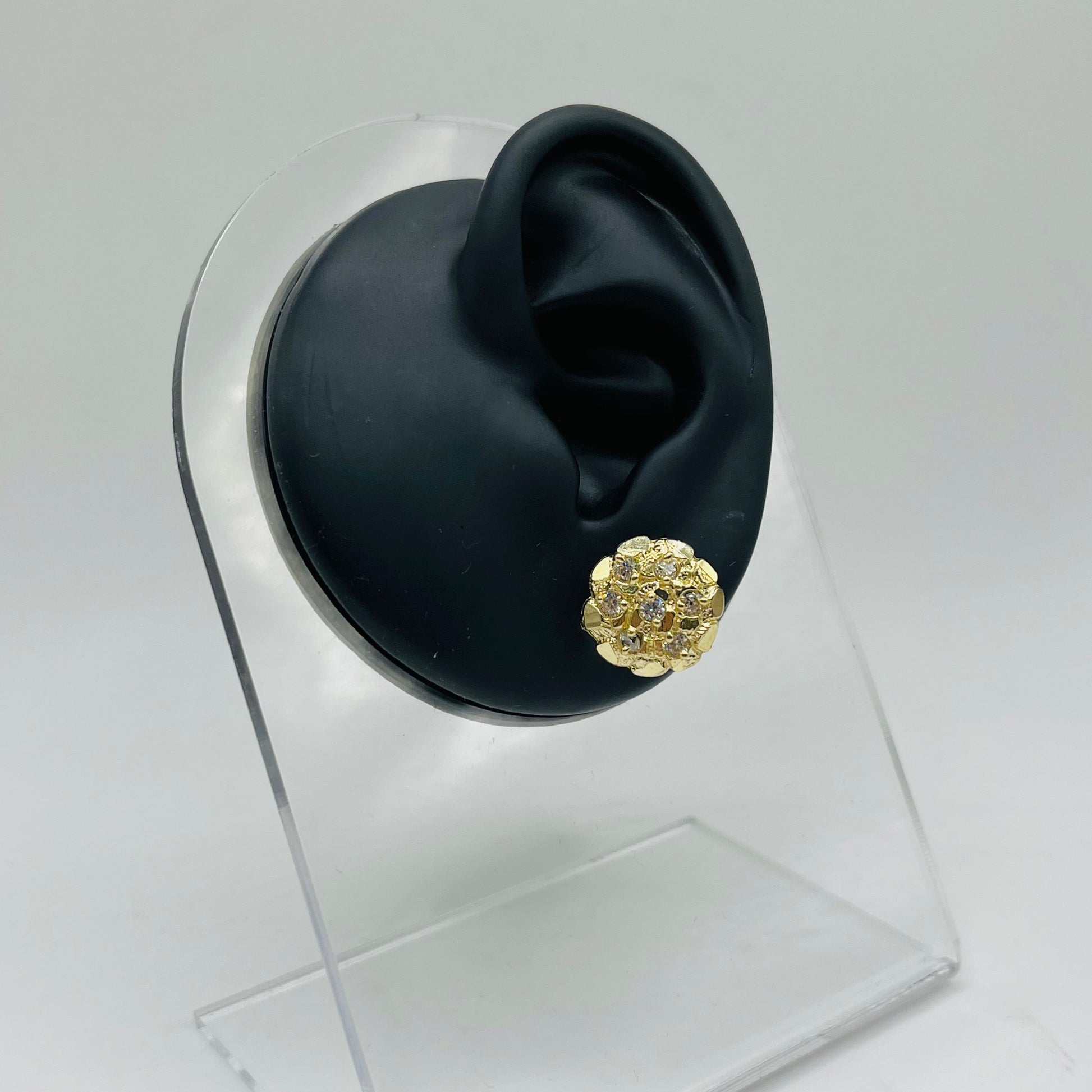 10K Gold Round Nugget Earrings with CZ | Face Size: 15mm