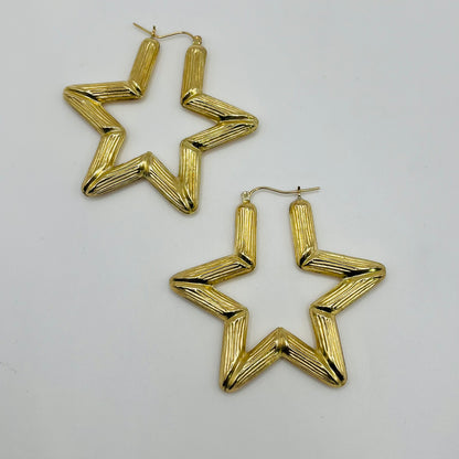 10K Gold Star Bamboo Hoop Earrings (large, 2")