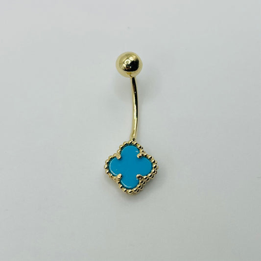 14k Gold Blue Clover Belly Ring