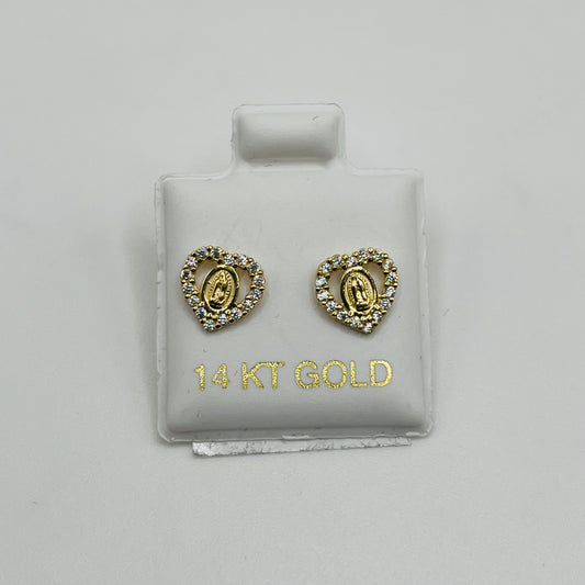14k Gold Heart Cz Virgin Mary Baby Earrings