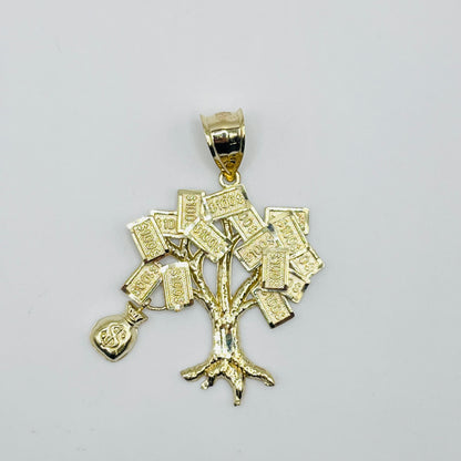 A 10K gold charm designed as a money tree with dollar bills growing from the branches and a moneybag charm dangling