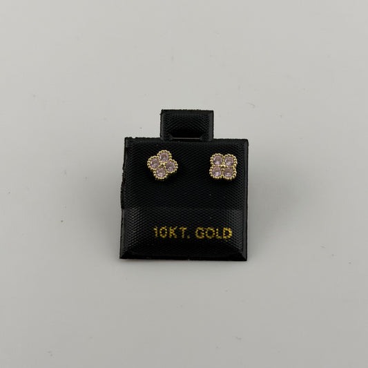 10k Gold Tiny Pink Cz Clover Earrings (S)